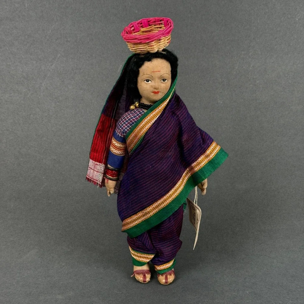Vtg Indian Handmade Cloth Doll Woman in Traditional Dress Basket 11